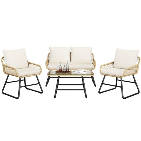 Homevive Conjunto de Conversación para Patio de 4 Piezas 1 Mesa 1 Sofá de 2 Plazas y 2 Sillones de Ratán con Cojines y Almohadas, Beige/Crema