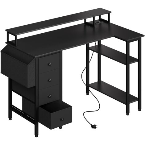 Homevive Escritorio para Ordenador con Estación de Carga Mesa de Computadora con Estante de 2 Niveles Soporte para Monitor 4 Cajones para Oficina en Casa Negro