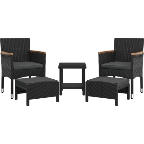 Homevive Juego de 5 Piezas Muebles de Ratán de Jardín Conjunto de Conversación de Patio Sillones con Otomanas y Mesa de Café para Jardín Piscina Césped Negro/Gris