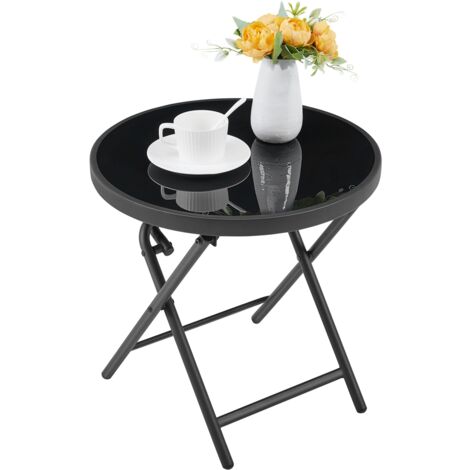 Homevive Mesa Auxiliar de Cristal de 46cm de Diámetro Redonda Mesa de Café Bistro Portátil Plegable Mesa de Jardín Negro