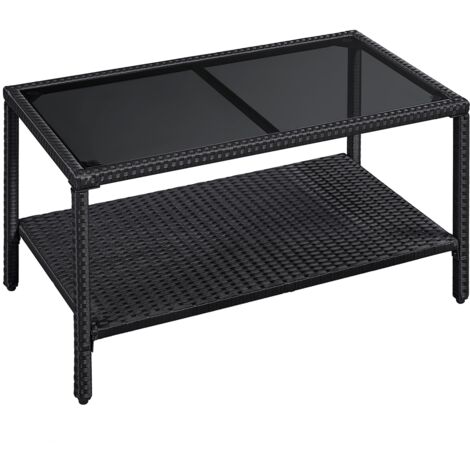 Homevive Mesa del Café Dos Capas para Patio Exterior Rectángulo con Tapa de Cristal Templado 92x50x46 cm Negro