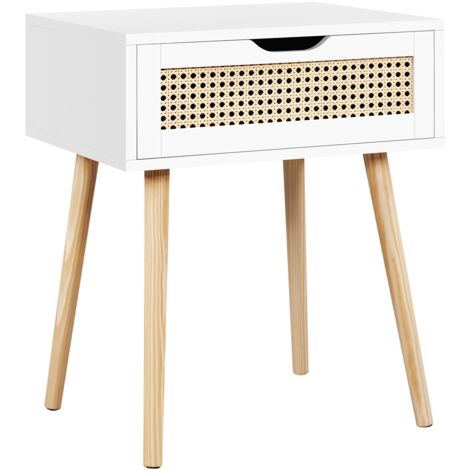 Homevive Mesita de Noche con Cajón Trenzada en Ratán 48,5 x 41 x 57,5 cm Estilo Moderno Mesa Auxiliar para Dormiorio Sala de Estar Salón de Madera Nórdica Blanco