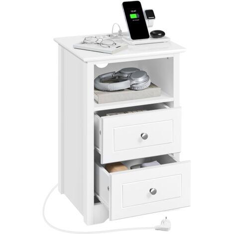 Homevive Mesita de Noche con Estación de Carga y Dos Cajones Mesilla de Noche 40x35x60 cm Blanca Cajonera Mueble para Cama Dormitorio Madera MDF