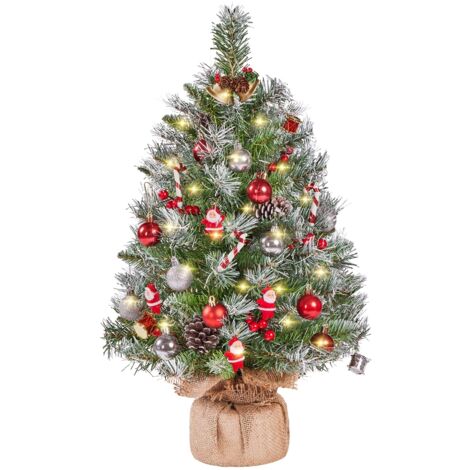 Homevive Mini Árbol de Navidad Artificial de 61 cm con Nieve, Incluye 35 LED Blancos Cálidos, 42 Bayas Rojas y 6 Piñas Pequeño Árbol de Mesa para Decoración Navideña Interior