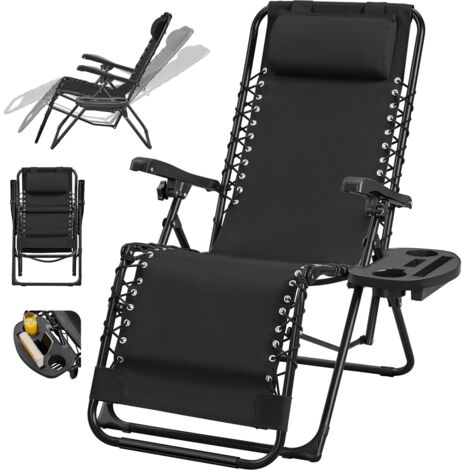 Homevive Silla Plegable de Gravedad Cero Tumbona Reclinable para Exterior con Reposacabezas Portavasos Negro