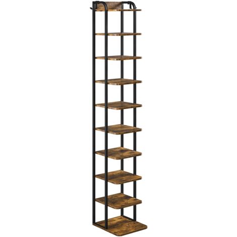 Homevive Zapatero Vertical Estrecho de 10 Niveles Estantería para Zapatos con Doble Gancho para Entrada Salón Marrón Rústico