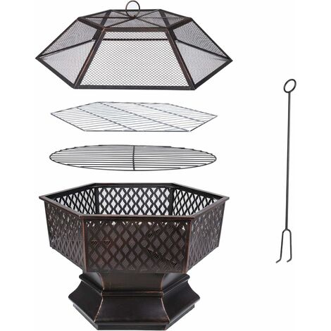 Homfa 26 Foyer Extérieur Hexagonal Brasero de Jardin en Acier Brasero Exterieur avec Couverture en Treillis Ignifuge Foyer de Chauffage/ Barbecue pour Jardin, Terrasse, Patio, Arrière-Cour, Piscine