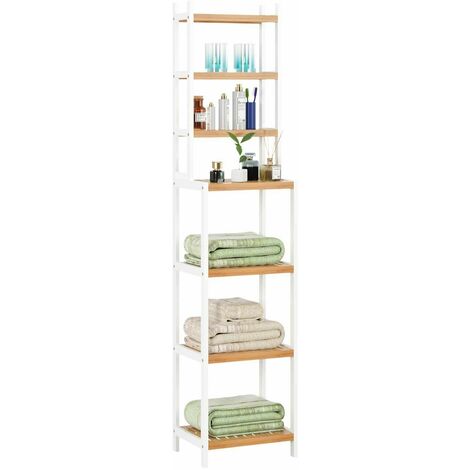 main image of "Homfa 7-Tier Bamboo Bathroom Shelf, Adjustable Storage Rack, Multifunctional Organizer, Shelving Unit for Washroom, Living Room, Kitchen, White and Natural"