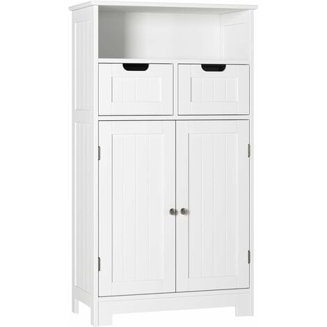 Homfa Bathroom Floor Cabinet Storage Cupboard Free Standing Unit Wooden Cabinet with 2 Doors 2 Compartments 2 Detachable Drawers White 60 x 30 x 110 cm