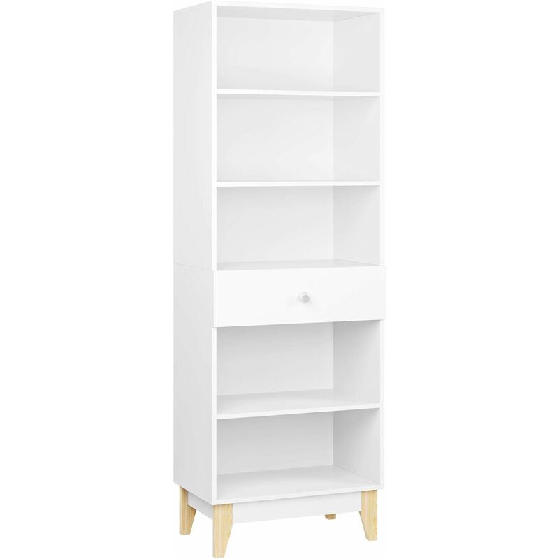 Homfa Bibliothèque Colonne Rangement Salon Étagère de Salle de Bain Meuble Scandinave Blanc avec 5 Étages 1 Tiroir en Bois 189x62x40cm