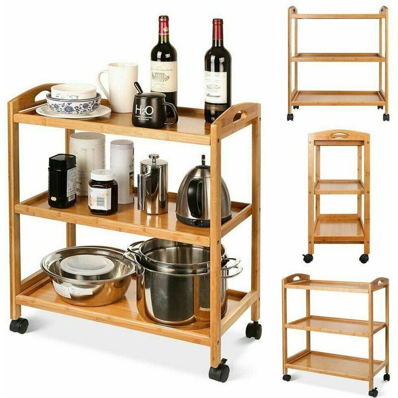 

Carro Servicio Carrito Auxiliar para Cocina Estantería Almacenamiento Bambú para Frutas Verdura Suministros de Oficina Comedor 3 Niveles con 4 Ruedas