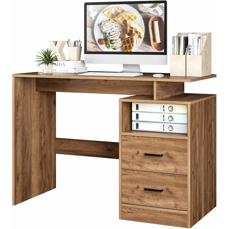 Computertisch Schreibtisch Arbeitstisch PC-Tisch Bürotisch mit 2 Schubladen und 1 offenen Fach aus Holz skandinavisches Design modern Braun