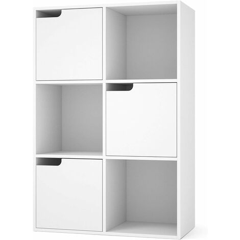 Homfa Cube Storage Bookcase White Bookshelf Wooden Display Shelf Organizer Home Office with 3 Doors 60x29x90cm
