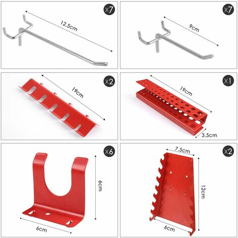Homfa Ensemble de crochets métalliques de 25 pièces pour mur d'outils, garage d'atelier, crochets de support d'appareils robustes pour mur perforé - (uniquement pour le modèle 1)