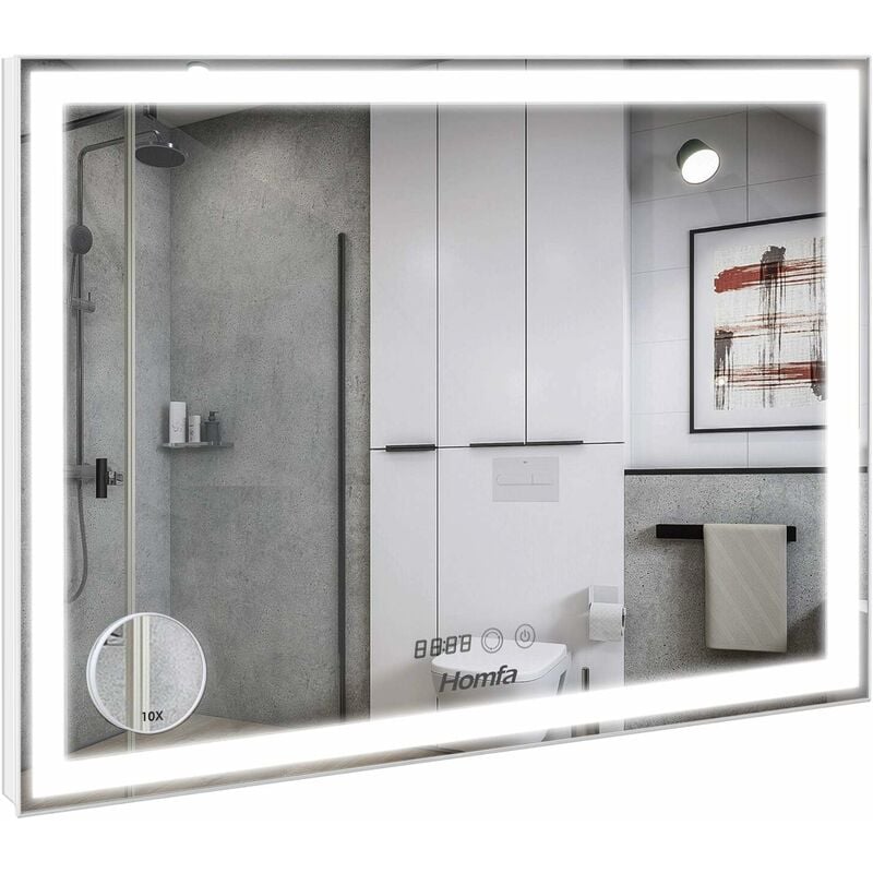 

Espejo de baño Reloj digital antiniebla con interruptor táctil Espejo LED con 3 modos de iluminación Montaje horizontal 80x4x60cm - Homfa