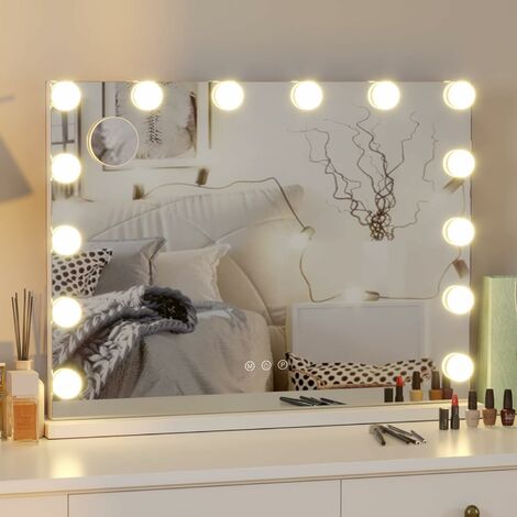 Homfa Espejo Hollywood con iluminación, espejo de maquillaje de 80x60 cm Espejo de maquillaje con 14 controles táctiles LED regulables Espejo de mesa con luz de temperatura de 3 colores Espejo de aumento de 10 aumentos blanco