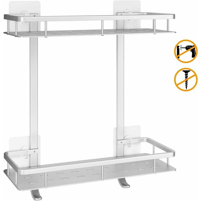 

Estante de Ducha Estante de Baño sin Taladro con 2 Niveles y 2 Ganchos Alumnio Adhesivo Estante Colgante Pared para Baño Cocina - Homfa