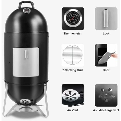 Homfa Four à fumer, fumoir avec bol d'eau, 2 grilles de gril et thermomètres, barbecue au charbon de bois 3en1 avec évacuation d'air réglable, baril de fumage pour fumer, griller et cuisiner, 46,5 * 46,5 * 117 cm