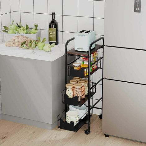 Homfa Kitchen Trolley with Wheels, Serving Trolley with 3 Basket, Organizer Trolley and Wheels, Mesh Shelf, Multipurpose for Kitchen and Living Room, Black, 24 x 36 x 84.5 cm