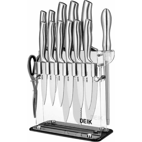 Homfa Knife Set, 14 PCS High Carbon Stainless Steel Kitchen Knife Set, Sharp Chef Knife Set with Acrylic Stand and Serrated Steak Knives, Easy to Clean,Sliver,KF-H8023