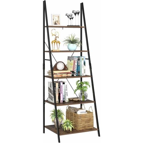 main image of "Homfa Ladder Shelving Wall Bookcase Metal and Wood Storage Shelving for Living Room Terrace Bedroom with 5 Levels Vintage and Black 60x50.3x180.5cm"