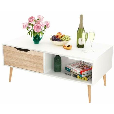 Homfa Modern Rectangular Coffee Table w/ Storage Cabinet Compartment Wood Legs Home