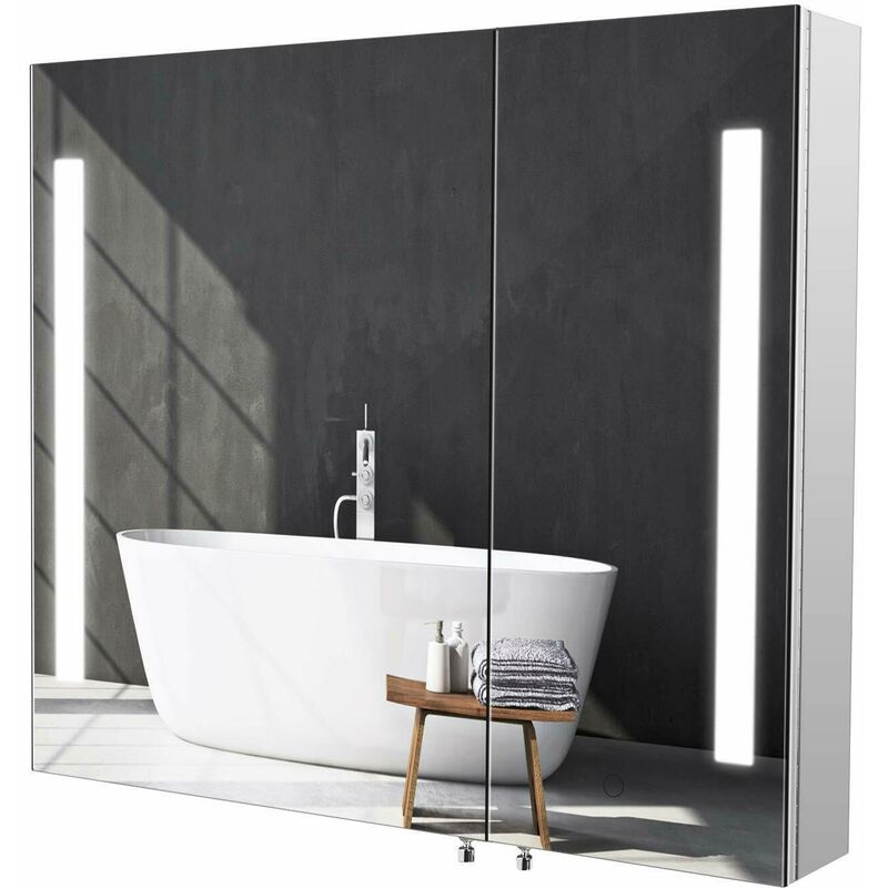 

Mueble de baño con espejo LED Espejo de baño Mueble de baño con iluminación 2 puertas de espejo - Homfa