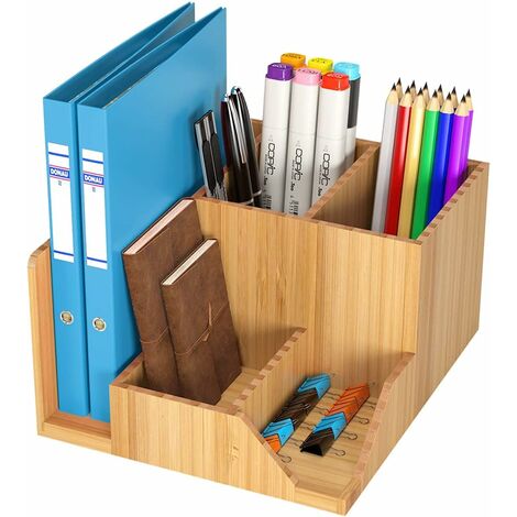 Homfa Schreibtisch Organizer Büro Tisch Organisation mit 5 Ablagefächer Stifteköcher Stiftehalter Aufbewahrungsbox Zubehör 21,5x18,5x11,5cm (Bambus)