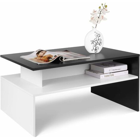 Homfa Table basse pour salon Table d'appoint moderne Table centrale avec étagère inférieure Noir + Blanc