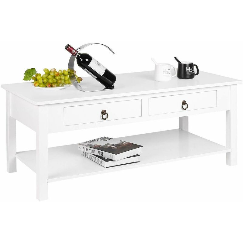 Homfa - Table basse rectangulaire avec tiroirs et étagère basse 110x53x45cm,blanc