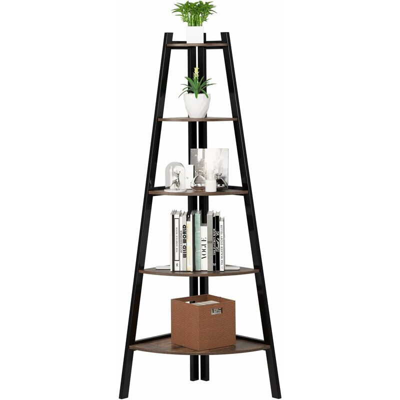 Homfa Étagère d'angle Vintage Bibliothèque Salon Rangement Industrielle à 5 Niveaux Étagère Livres en Bois Cadre en Fer 47,5x47,5x160,5cm