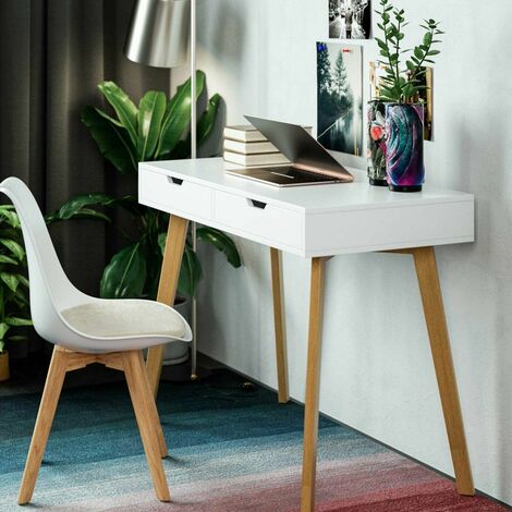 main image of "Homfa White Dressing Table Computer Desk Workstation with Drawer Wood Legs 100x50x77cm"