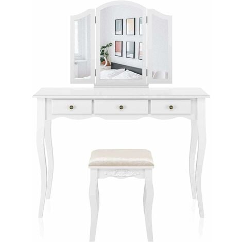 main image of "Homfa White Dressing Table Makeup Vanity Table Set, Removable Tri-Folding Mirror and 8 Jewelry Necklace Hooks with 7 Drawers and 6 Makeup Organizers with Cushioned Stool, 108 x 45 x 134 cm"