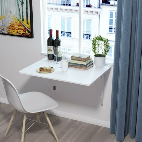 main image of "Homfa White Floating Wall Mounted Desk Drop-leaf Table Dining/PC Foldable Table 2 Brackets 80 * 60 cm"