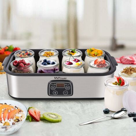 Homfa Yaourtière Électrique Avec Écran LCD, avec Minuterie Jusqu'à 48 Heures, Récipient en Verre 8X180ml, Machine à Yaourt à Affichage LED, Arrêt Automatique, Acier Inoxydable, 30W