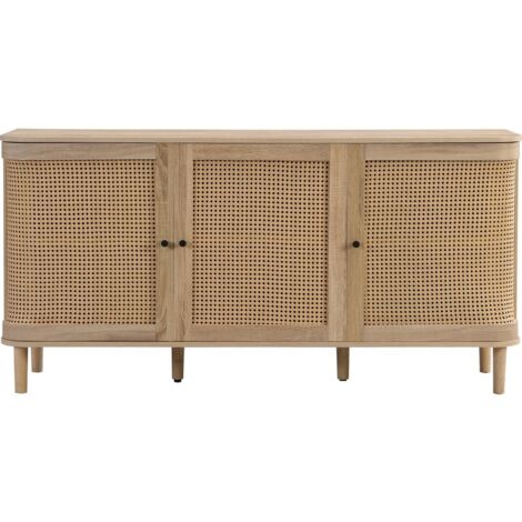 Homifab – Buffet 3 portes chêne naturel et cannage – Dimensions 150 x 39 x 77 cm – Piètement en bois massif – Poignées laiton mat