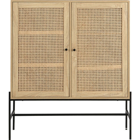 Homifab – Buffet haut 2 portes en cannage naturel effet chêne 100 cm – Système softclose – 4 tablettes de rangement – Piètement métal noir 35 cm