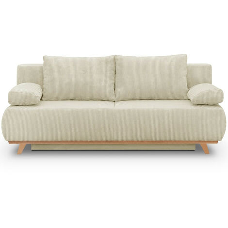 Homifab – Canapé convertible 3 places avec coffre de rangement – Velours côtelé beige – Dimensions couchage 138x186 cm – Fabriqué en Europe
