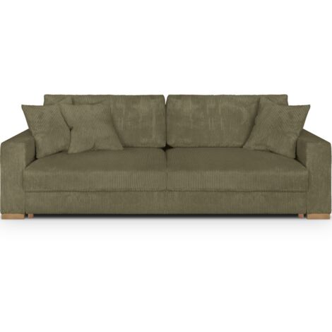 Homifab – Canapé convertible 3 places velours côtelé vert kaki – Structure pin massif FSC – Garnissage mousse haute densité – Couchage 138x184 cm