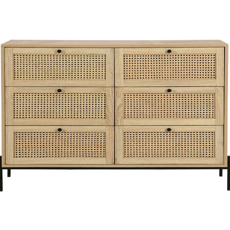 Homifab – Commode 6 tiroirs cannage naturel effet chêne 120 cm – Système softclose – Piètement métal noir – Dimensions 120x40x90 cm