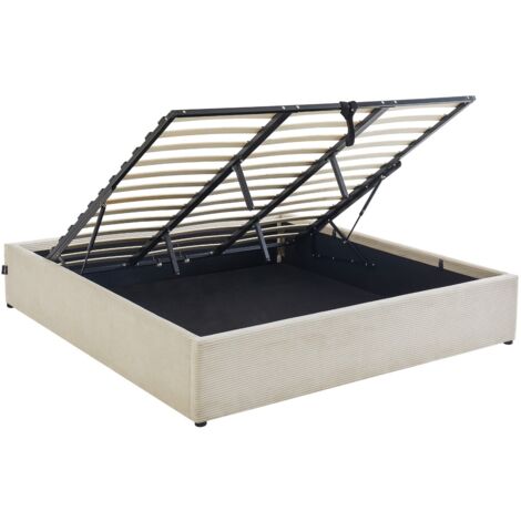 Homifab – Lit coffre adulte 180x200 cm en velours côtelé beige – Sommier relevable à lattes – Structure en bois FSC et métal – Rangement intégré