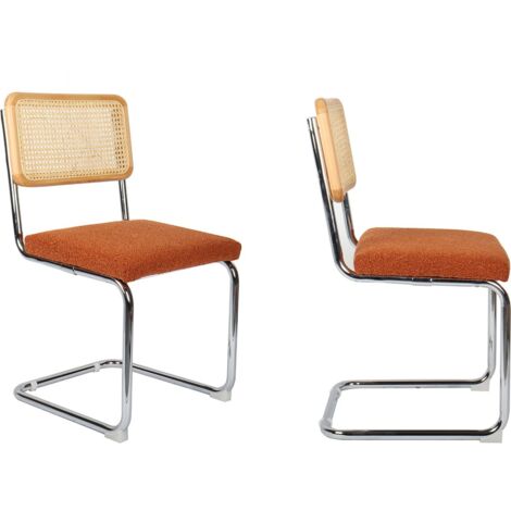 Homifab – Lot de 2 chaises en cannage – Assise en tissu bouclé rouille – Dossier en hêtre et cannage naturel – Piètement en métal chromé