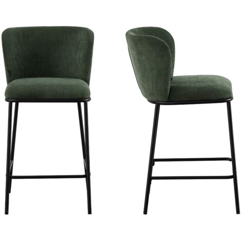 Homifab – Lot de 2 tabourets de bar en velours côtelé vert kaki – Piètement métal noir – Hauteur d'assise 65 cm – Confort ergonomique