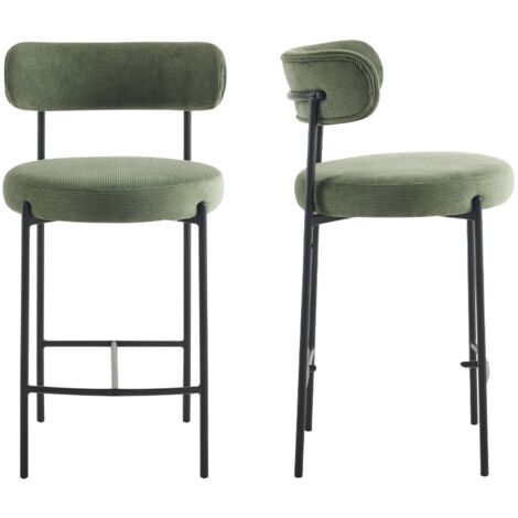 Homifab – Lot de 2 tabourets de bar en velours côtelé vert – Structure métal noir – Hauteur d'assise 67.5 cm – Garnissage mousse 28 kg/m³