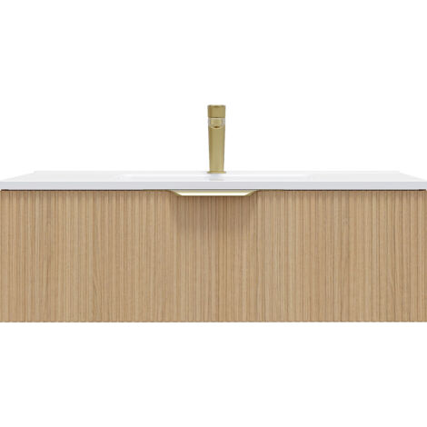 Homifab – Meuble de salle de bain suspendu 90cm avec vasque céramique – 1 tiroir en mélaminé effet chêne clair – Installation suspendue avec boîtiers invisibles