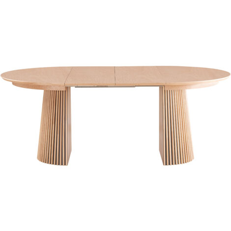 Homifab – Table extensible ronde en MDF placage chêne – 4 à 8 couverts – Dimensions 120/200 cm – Piètement central chêne massif – Hauteur 75 cm