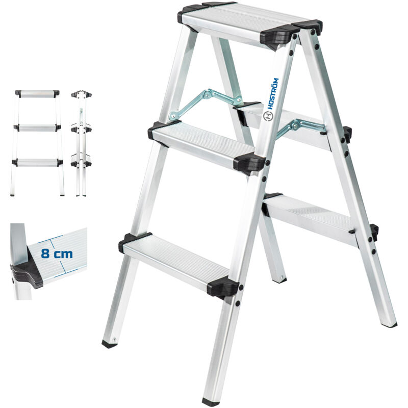 Escabeau marche pied 3 marches HOMILIX3, petit escabeau pliable, aluminium, design compact et robuste, h max travail 2,34m, 5 ans garantie, Hostrom