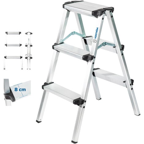 HOSTRÖM HOMILIX3 scaletta a 3 gradini, piccola scaletta pieghevole, alluminio, design compatto e robusto, altezza massima di lavoro 2,34 m, garanzia di 5 anni, Hostrom