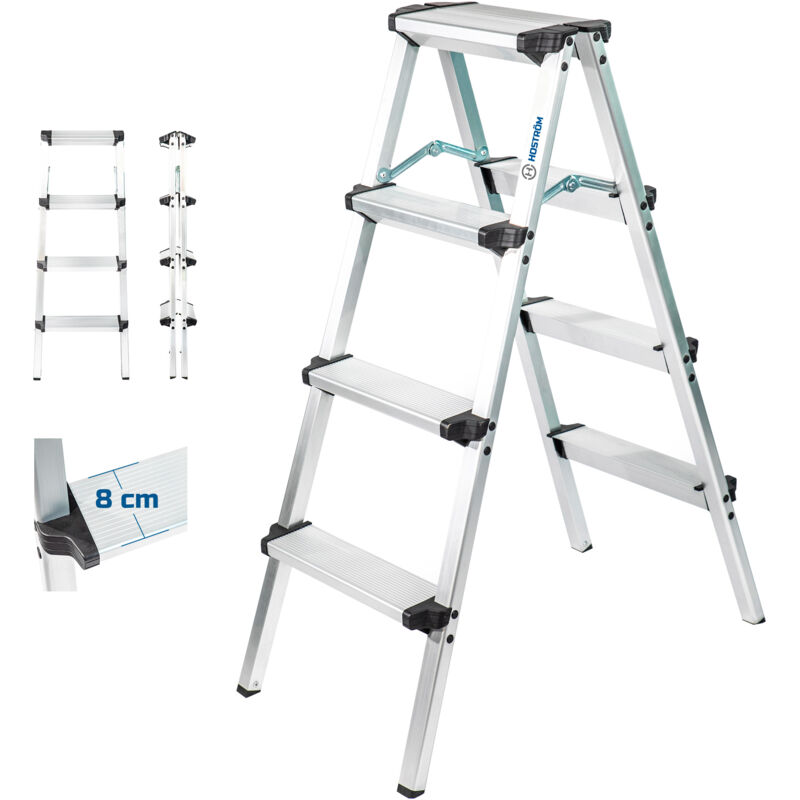 Escabeau marche pied 4 marches HOMILIX4, petit escabeau pliable, aluminium, design compact et robuste, H max travail 2,59m, 5 ans garantie, Hostrom