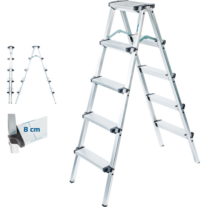 Escabeau marche pied 5 marches HOMILIX5, petit escabeau pliable, aluminium, design compact et robuste, h max travail 2,85m, 5 ans garantie, Hostrom
